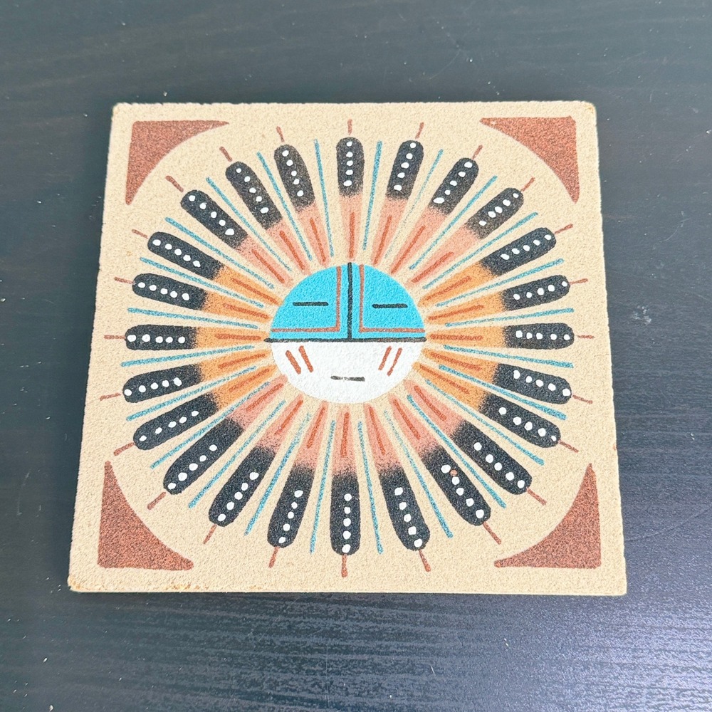Navajo Sand Art Sunface Kachina Tile Signed 6"x6" Southwestern Decor